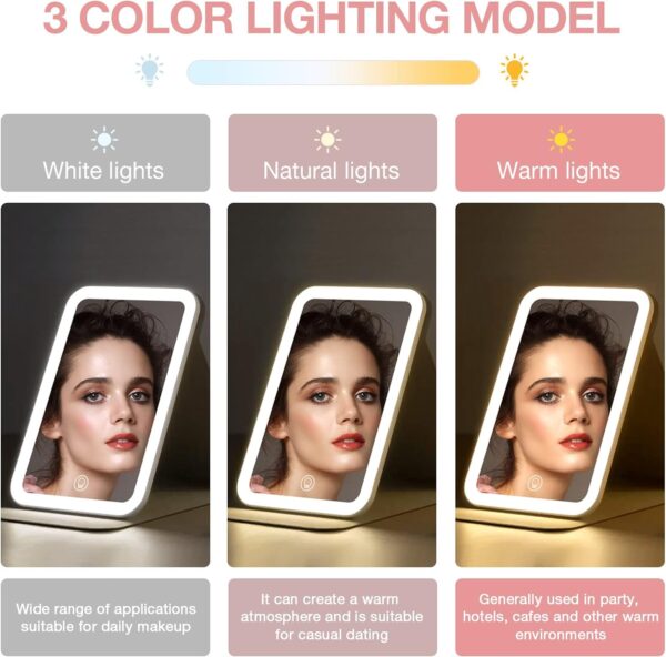 Kintion Travel Makeup Mirror, 8"*5.4" Portable LED Lighted Makeup Mirror, 360° Rotation Touch Screen Vanity Mirror, 3-Color Dimmable Lighting, Rechargeable Tabletop Folding Cosmetic Mirror - Image 3