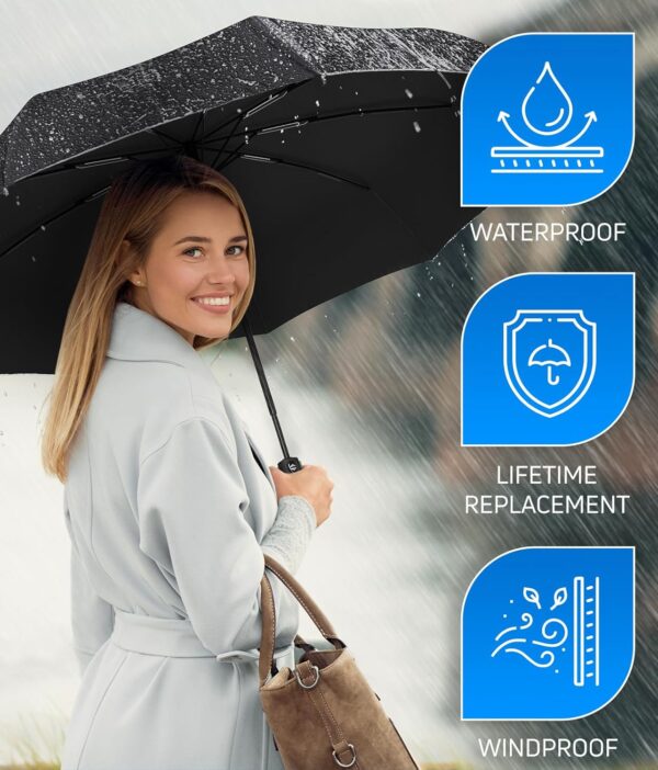 Compact Travel Umbrella - Pocket Portable Folding Windproof Mini Umbrella - Auto Open and Close Button and 9 Rib Reinforced Canopy - Image 6