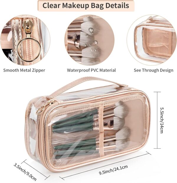 OCHEAL Clear Makeup Bag, Portable Makeup Storage Organizer Cosmetic Bag, Travel Makeup Bag Cute Clear Pouch For Women and Girls Cosmetics Bags with Divider Makeup Brush Compartment-Rose Gold - Image 4