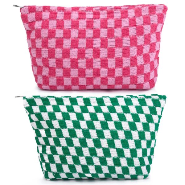 SOIDRAM 2 Pieces Makeup Bag Large Checkered Cosmetic Bag Pink Green Capacity Canvas Travel Toiletry Bag Organizer Cute Makeup Brushes Aesthetic Accessories Storage Bag for Women