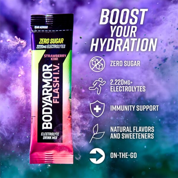 BODYARMOR Flash IV Electrolyte Packets, Strawberry Kiwi - Zero Sugar Drink Mix, Single Serve Packs, Coconut Water Powder, Hydration for Workout, Travel Essentials, Just Add Sticks to Liquid (6 Count) - Image 2