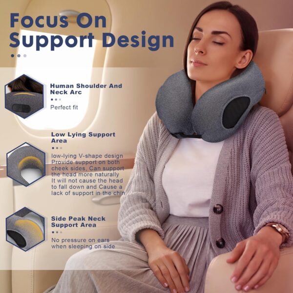 Neck Pillow for Traveling, Upgraded Travel Neck Pillow for Airplane 100% Pure Memory Foam Nap Pillow for Flight Headrest Sleep, Portable Plane Accessories (Light Grey) - Image 2