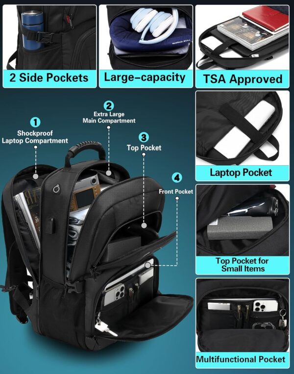 ProEtrade Travel Backpack, Extra Large Laptop Backpack School Business Anti Theft TSA Approved College Work Computer Bag Fits 17 Inch Laptop with USB Charging Port Bookbag for Women Men(Black) - Image 3