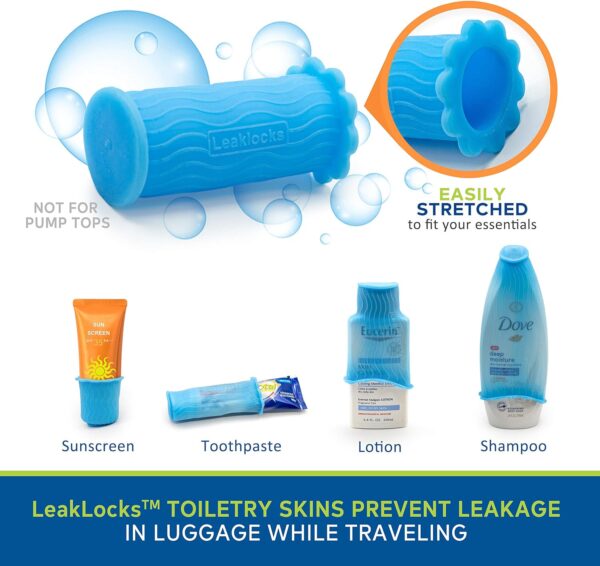 LeakLocks® Toiletry Skins™ Elastic Sleeve for Leak Proofing Travel Container in Luggage. For Standard and Travel Sized Toiletries. Reusable Accessory for Travel Bag Suitcase and Carry-on Luggage - Image 2