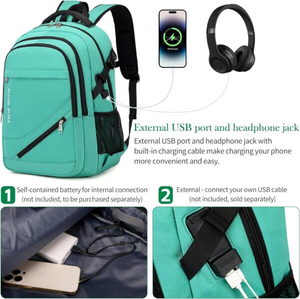 FENGDONG 17.3 inch Large Laptop Backpack Durable Waterproof Travel College Backpack Bookbag for Men & Women Business Backpack with USB Charging Port,Headset Port Light Green - Image 5