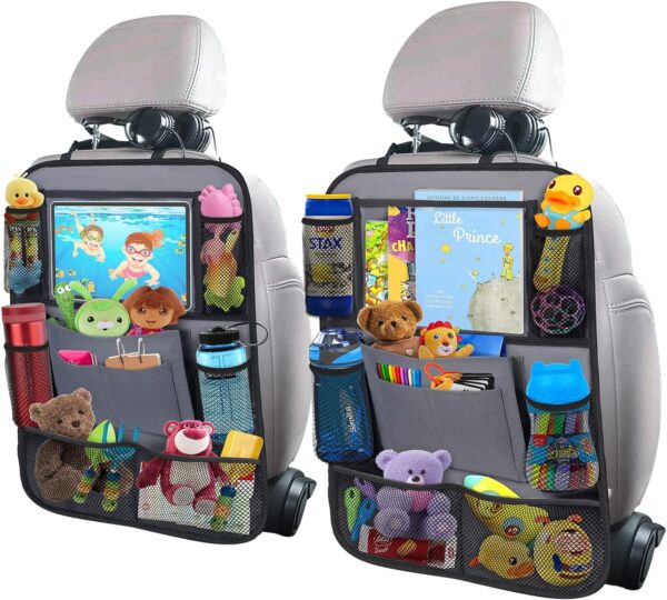 Car Backseat Organizer with 11" Table Holder, 9 Storage Pockets Seat Back Protectors Kick Mats for Kids Toddlers, Travel Accessories, 2 Pack, Gray