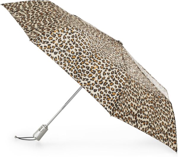 totes Automatic Open Close Water-Resistant Travel Folding Umbrella with Sun Protection, Leopard Spot