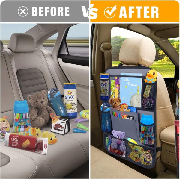 Car Backseat Organizer with 11" Table Holder, 9 Storage Pockets Seat Back Protectors Kick Mats for Kids Toddlers, Travel Accessories, 2 Pack, Gray - Image 3