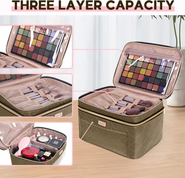 Double Layer Travel Makeup Bag Women, Large Cosmetic Case, Organizer for Travel-Size Accessories Bottles, Brushes, and Skin Care Products (Brown, Double-Layer) - Image 2