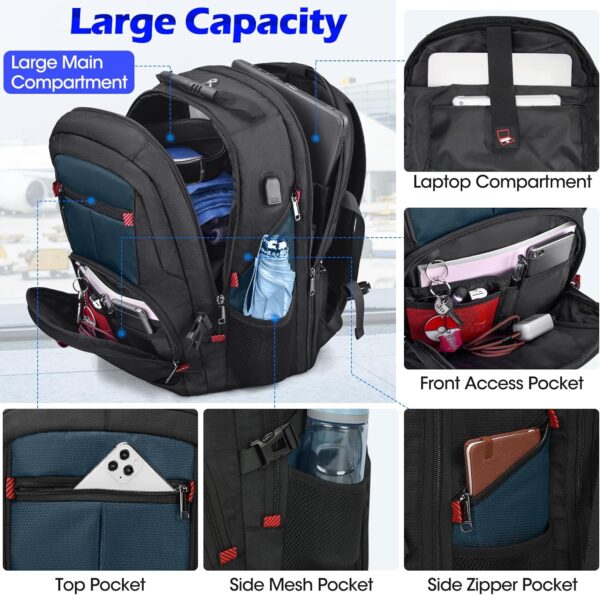 Travel Laptop Backpack 17 Inch Extra Large Laptop Backpack Waterproof TSA Travel Backpack Anti Theft College Business Work Bag with USB Charging Port 17.3 Computer Backpack Bookbag Men Women Blue 45L - Image 2