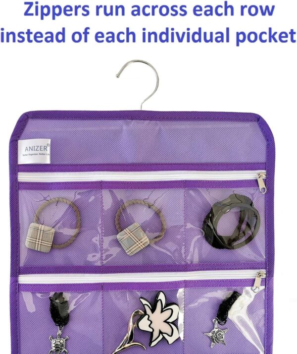 Travel Foldable Jewelry Rolls Bag Hanging Jewelry Organizer with 9 Zippered Clear Pockets Storage Pouch with Rotatable Hanger (PURPLE) - Image 6