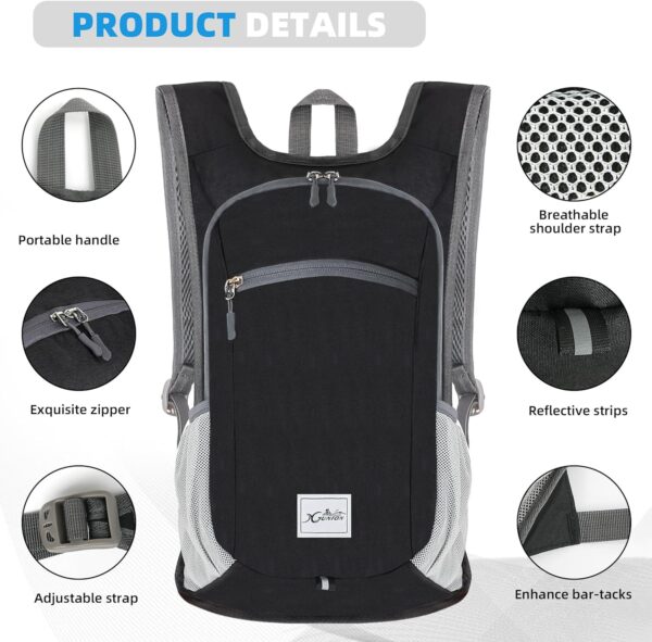 Hiking Backpack 15L Small Travel Backpack Lightweight Daypack Foldable Hiking Backpack Packable Camping Hiking Backpack for Women Men (Black) - Image 4