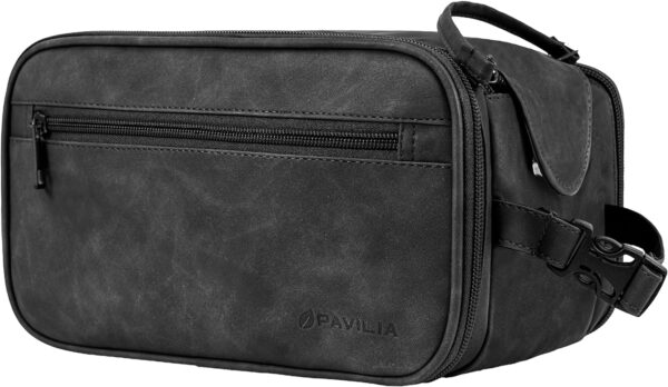 PAVILIA Toiletry Bag for Men Women, Mens Travel Bag Toiletries Organizer Case for Grooming, Travel Essentials Shaving Dopp Kit, PU Leather Water Resistant Cosmetic Pouch, Black