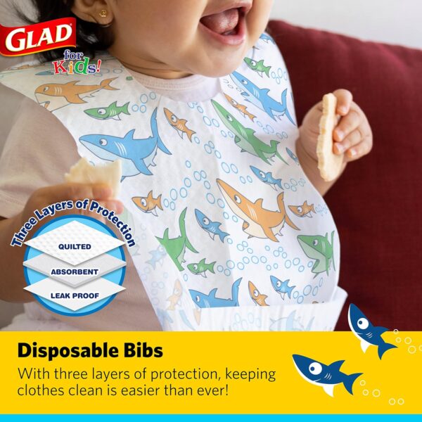 Glad for Kids Sharks Paper Bibs, 30 Count - Disposable Paper Bibs with Cute Sharks Design for Kids - Travel Bibs for Kids - Art & Craft Disposable Kids Bibs - Image 2