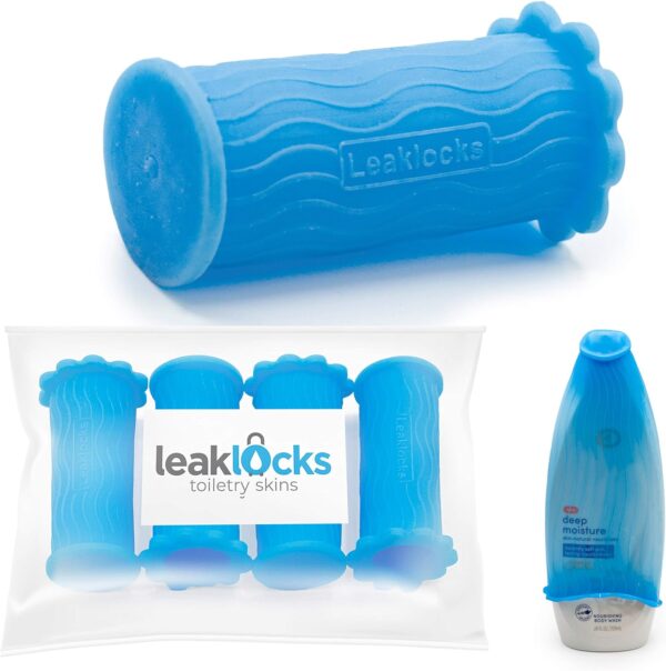 LeakLocks® Toiletry Skins™ Elastic Sleeve for Leak Proofing Travel Container in Luggage. For Standard and Travel Sized Toiletries. Reusable Accessory for Travel Bag Suitcase and Carry-on Luggage