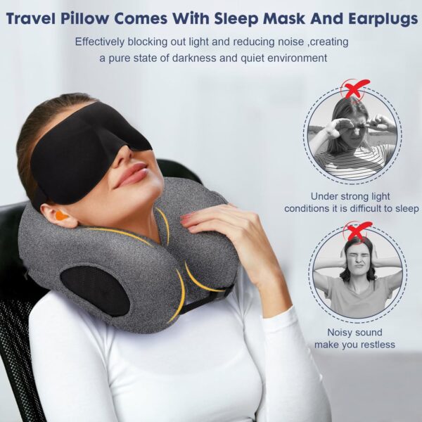 Neck Pillow for Traveling, Upgraded Travel Neck Pillow for Airplane 100% Pure Memory Foam Nap Pillow for Flight Headrest Sleep, Portable Plane Accessories (Light Grey) - Image 6