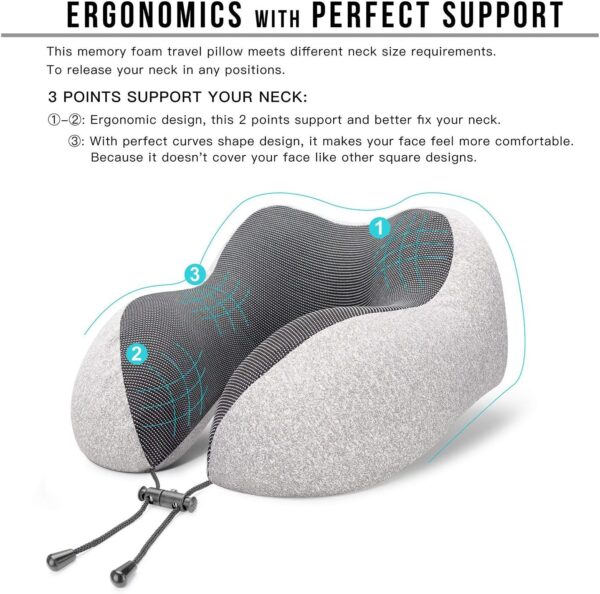 MLVOC Travel Pillow 100% Pure Memory Foam Neck Pillow, Comfortable & Breathable Cover - Machine Washable, Airplane Travel Kit with 3D Sleep Mask, Earplugs, and Luxury Bag, Grey - Image 2