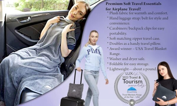 BlueHills Premium Soft Travel Blanket Pillow Airplane Flight Blanket throw in Soft Bag Pillowcase Compact Pack Large Blanket for Travel Grey Color (Gray T007) - Image 9