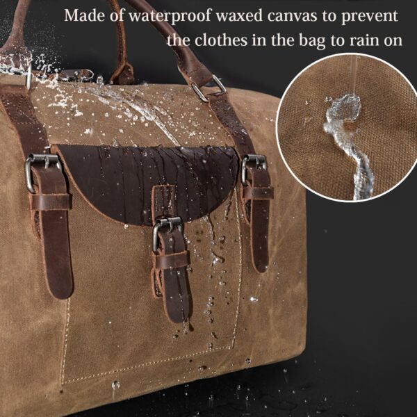 Oversized Travel Duffel Bag Waterproof Canvas Genuine Leather Weekend bag Weekender Overnight Carryon Hand Bag Brown - Image 3