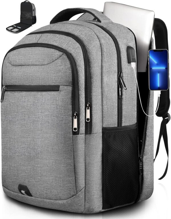 Travel Backpack for Men, Large Laptop Backpacks, TSA Flight Approved Computer Backpack, Z-MGKISS Anti-Theft Daypack with USB Port, 17 Inch Weekender Bag Hiking Gym College Backpack for Men Women, Grey