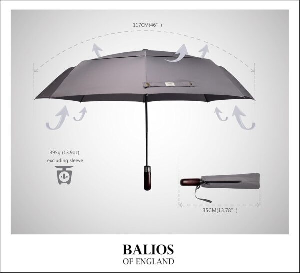 Balios Travel Folding Umbrella with Real Wood Handle Auto Open Close Vented Windproof Canopy - Designed in UK - Image 4