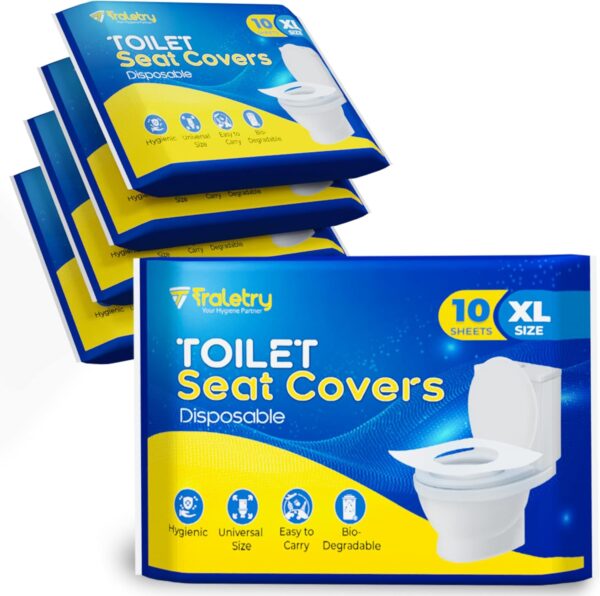 Toilet Seat Covers Disposable Flushable Travel Pack of 50 XL-Disposable Toilet Seat Covers-Biodegradable Paper-Kids Men Women Adults Toiletries-Airplane Camping Travel Essentials Accessories