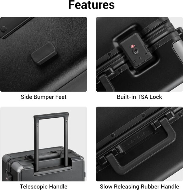 LEVEL8 Zipperless Carry On Luggage Airline Approved with Aluminum Frame, Lightweight Hard Shell Suitcase with Spinner Wheels, Metal Travel Luggage with Double Tsa Locks, 20 Inch, Black - Image 8