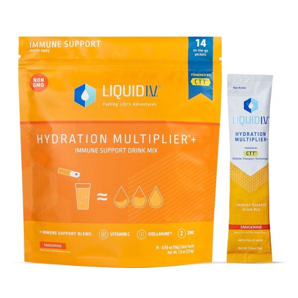 Liquid I.V. Hydration Multiplier + Immune Support - Tangerine - Hydration Powder Packets | Electrolyte Powder Drink Mix | Easy Open Single-Serving Sticks | Non-GMO | 1 Pack (14 Servings)