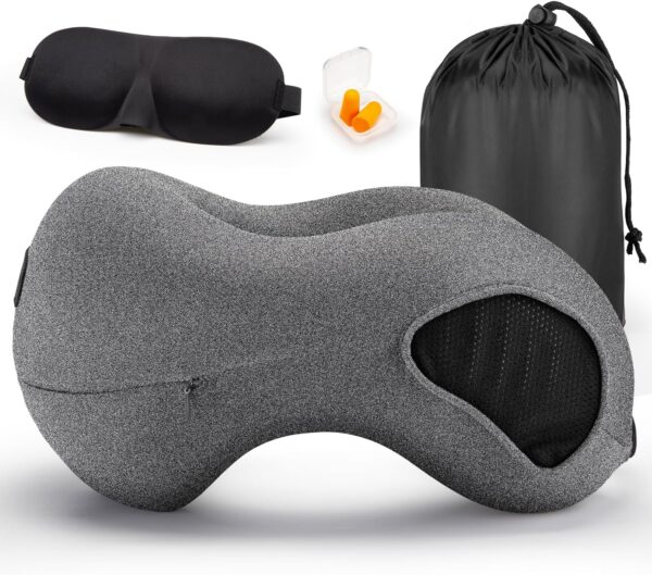 Neck Pillow for Traveling, Upgraded Travel Neck Pillow for Airplane 100% Pure Memory Foam Nap Pillow for Flight Headrest Sleep, Portable Plane Accessories (Light Grey)