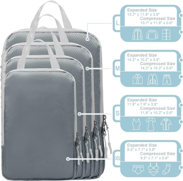 WOOMADA Compression Packing Cubes for Suitcases Travel Essentials 4 Set Expandable Travel Bags Organizer for Luggage(grey) - Image 4