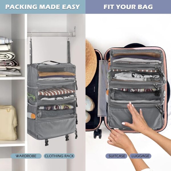 Surblue Travel Hanging Luggage Organizer Portable Suitcase Closet Organizer Multiple Compartments Collapsible Compression Packing Cubes Shelf, LightGray, M - Image 2