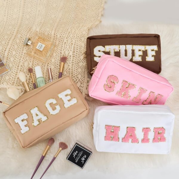 Preppy Makeup Bags 4 Pcs Travel Organizer Patch Bag Large Varsity Chenille Letter Cosmetic Toiletry Preppy Stuff Cute Bags Portable Pouch Storage Purse Bag Set - Image 2