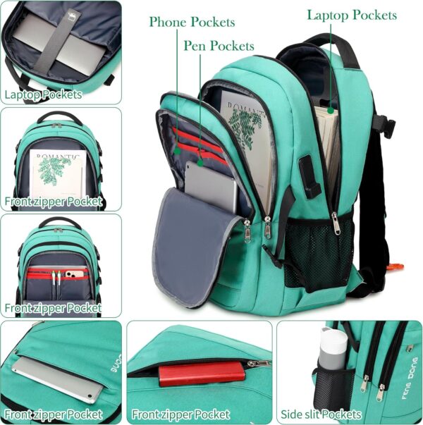 FENGDONG 17.3 inch Large Laptop Backpack Durable Waterproof Travel College Backpack Bookbag for Men & Women Business Backpack with USB Charging Port,Headset Port Light Green - Image 3