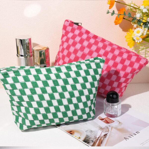 SOIDRAM 2 Pieces Makeup Bag Large Checkered Cosmetic Bag Pink Green Capacity Canvas Travel Toiletry Bag Organizer Cute Makeup Brushes Aesthetic Accessories Storage Bag for Women - Image 6