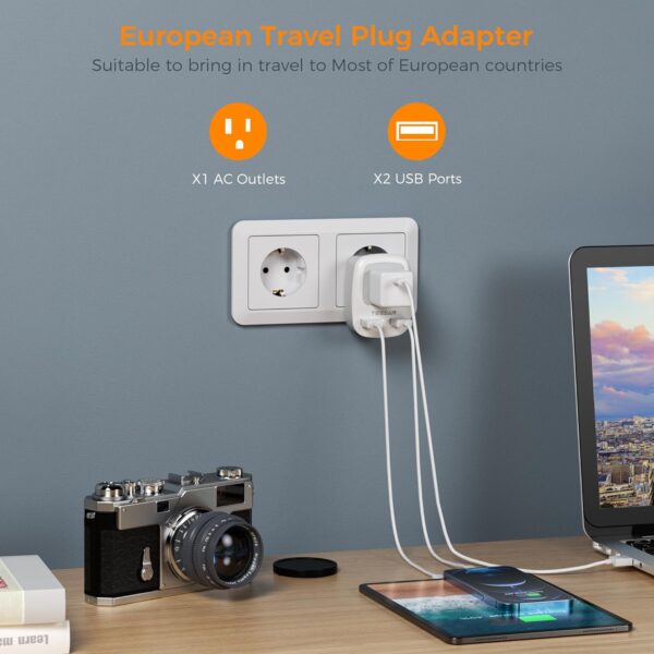 European Travel Plug Adapter, TESSAN International Power Plug with 2 USB Ports, Type C Outlet Adaptor Charger for US to Most of Europe EU Iceland Spain Italy France Germany - Image 3