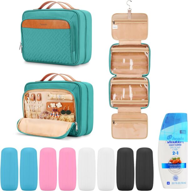 Travel Hanging Toiletry Bag for Women and Men, with 6 Leak Proofing Silicone Bottle Covers, Waterproof Makeup Accessories, Cosmetic Essentials, Toiletries Dopp Kit Set with Jewelry Organizer, Blue