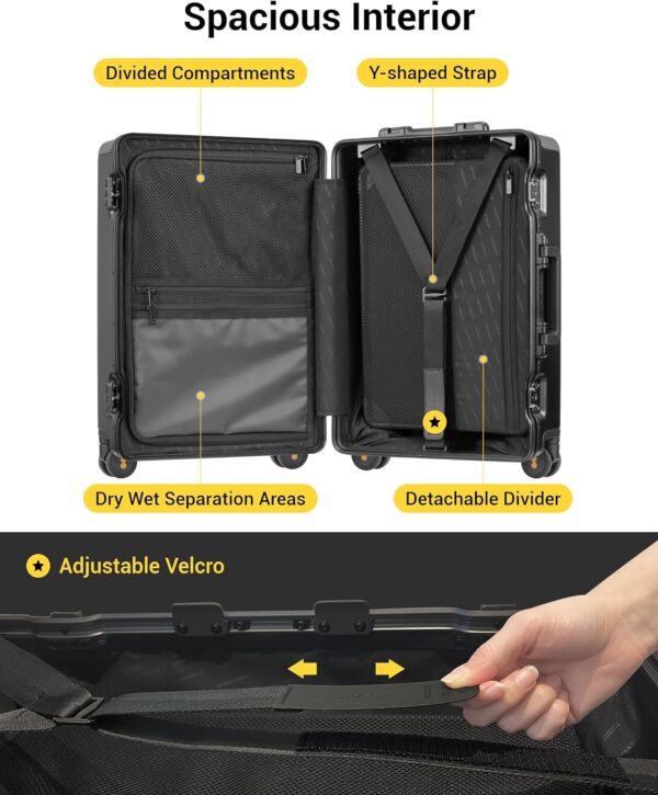 LEVEL8 Zipperless Carry On Luggage Airline Approved with Aluminum Frame, Lightweight Hard Shell Suitcase with Spinner Wheels, Metal Travel Luggage with Double Tsa Locks, 20 Inch, Black - Image 6