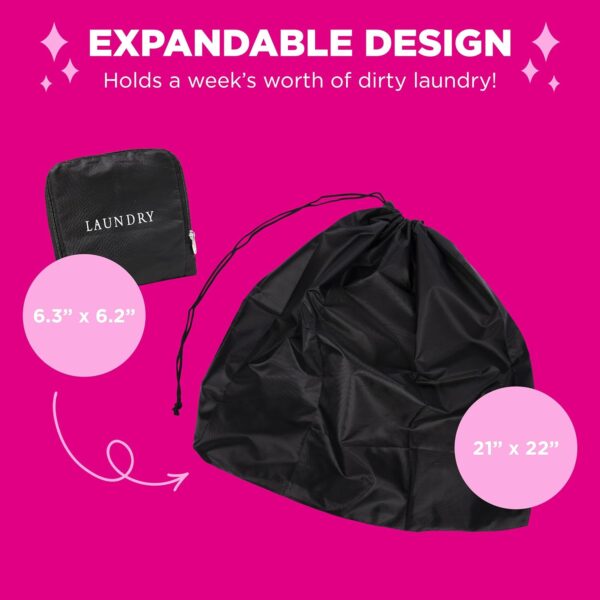 Miamica Foldable Travel Laundry Bag, Black & White – Measures 21” x 22” When Fully Opened – Foldable Laundry Bag with Drawstring Closure – Durable, Lightweight Travel Accessories - Image 2