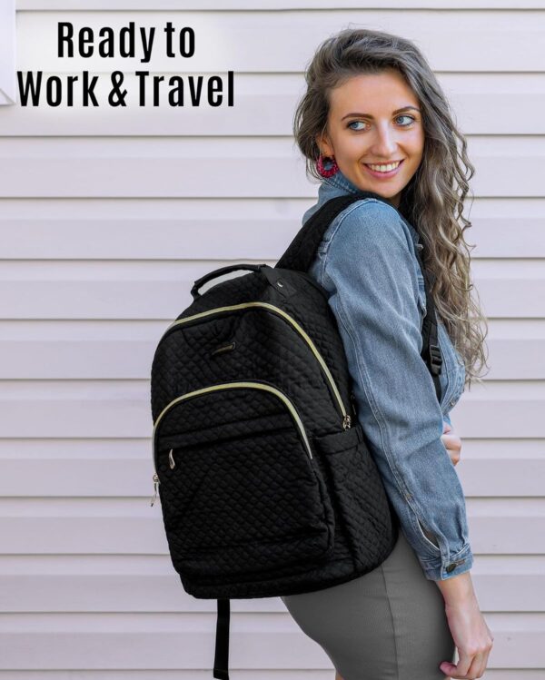 LIGHT FLIGHT Travel Laptop Backpack Women, 15.6 Inch Anti Theft Laptop Backpack with USB Charging Hole Water Resistant Casual Daypack Computer Backpack for Work, Quilted Black - Image 6