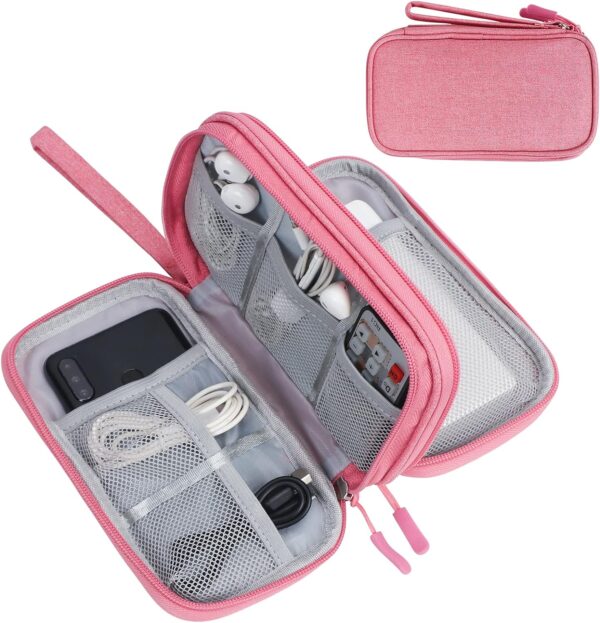 FYY Electronic Organizer, Travel Bag, Pouch, Carry Case Portable Waterproof Double Layers for Cable, Cord, Charger, Phone, Earphone Pink