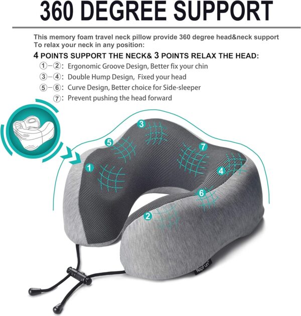 napfun Neck Pillow for Traveling, Upgraded Travel Neck Pillow for Airplane 100% Pure Memory Foam Travel Pillow for Flight Headrest Sleep, Portable Plane Accessories, Light Grey - Image 2