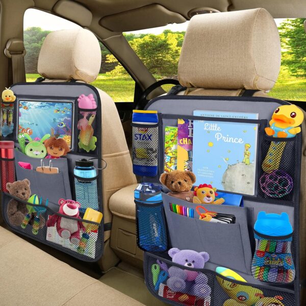 Car Backseat Organizer with 11" Table Holder, 9 Storage Pockets Seat Back Protectors Kick Mats for Kids Toddlers, Travel Accessories, 2 Pack, Gray - Image 4