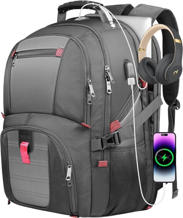 Large Backpack, Laptop Backpacks for Men, Big Capacity Laptop Computer Business Backpack 180°TSA Airline Approved Business Bag With USB Charging Port, Gifts For Him Men, Grey