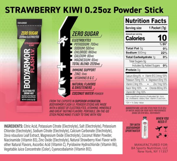 BODYARMOR Flash IV Electrolyte Packets, Strawberry Kiwi - Zero Sugar Drink Mix, Single Serve Packs, Coconut Water Powder, Hydration for Workout, Travel Essentials, Just Add Sticks to Liquid (6 Count) - Image 3