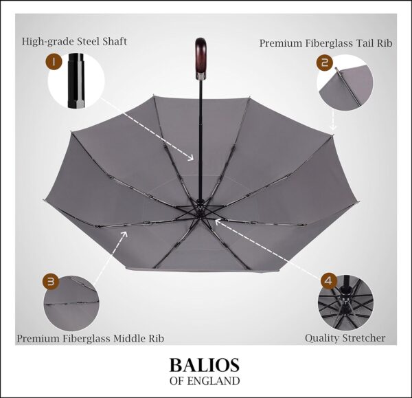 Balios Travel Folding Umbrella with Real Wood Handle Auto Open Close Vented Windproof Canopy - Designed in UK - Image 2