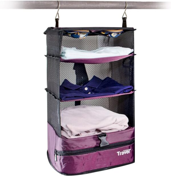 Stow-N-Go Portable Hanging Travel Shelves, Packing Organizer for Luggage. Carry on Closet with Hanger for Clothes. Expandable Packing Cube. Travel Essentials from Grand Fusion. Small, Burgundy