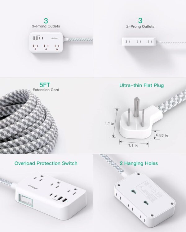 Power Strip Extension Cord - 6 Outlets and 4 USB (2 USB C), 5Ft Braided Cord with Ultra Thin Flat Plug, Wall Mount, Overload Protection, Compact for Travel, Cruise Ship, and Dorm Room Essentials - Image 7