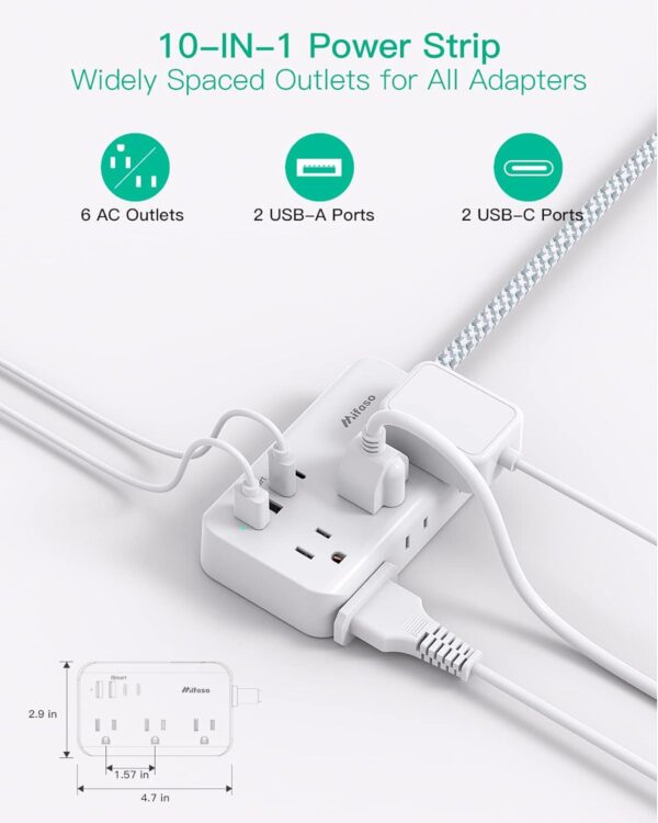 Power Strip Extension Cord - 6 Outlets and 4 USB (2 USB C), 5Ft Braided Cord with Ultra Thin Flat Plug, Wall Mount, Overload Protection, Compact for Travel, Cruise Ship, and Dorm Room Essentials - Image 2