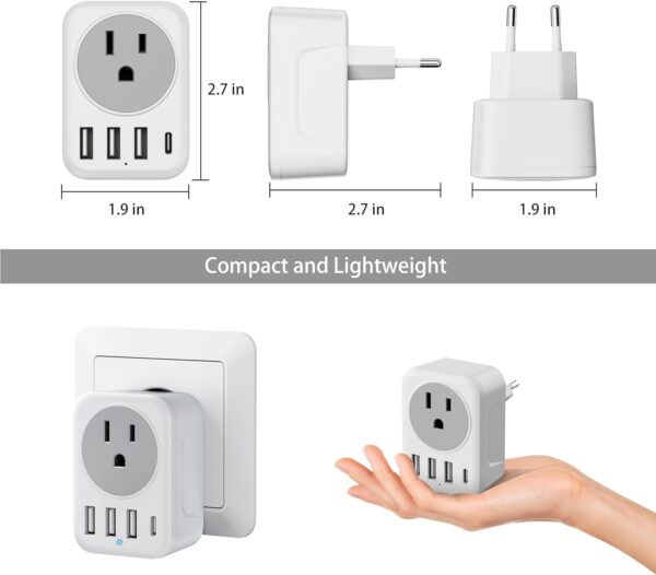 European Travel Plug Adapter, International Travel Adapter with Fast Charing, 4 USB Ports, 5-in-1 Type C Power Adaptor Charger for US to Most of Europe Iceland Spain Italy France Germany - Image 5