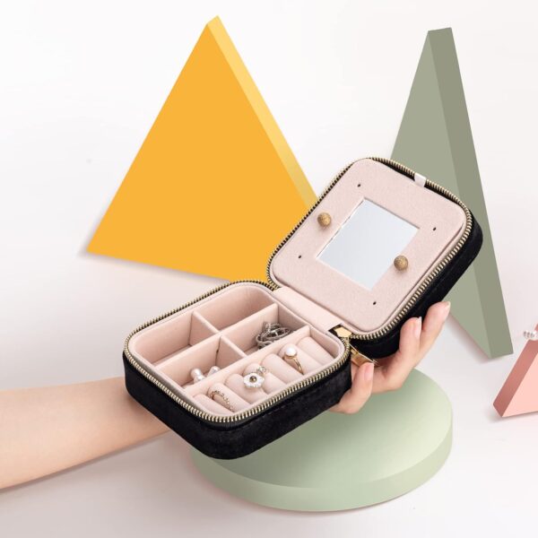 Travel Velvet Jewelry Box with Mirror, Mini Gifts Case for Women Girls, Small Portable Organizer Boxes for Rings Earrings Necklaces Bracelets (Black) - Image 2